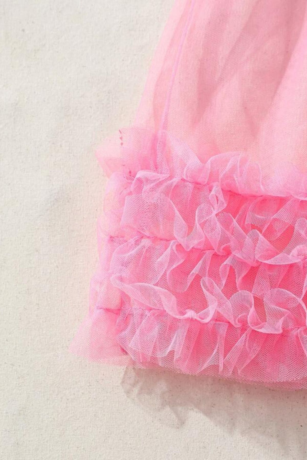 Kadın Pembe Sırt ve Göğüs Dekolteli Fırfırlı Seksi Prenses Tül Gecelik