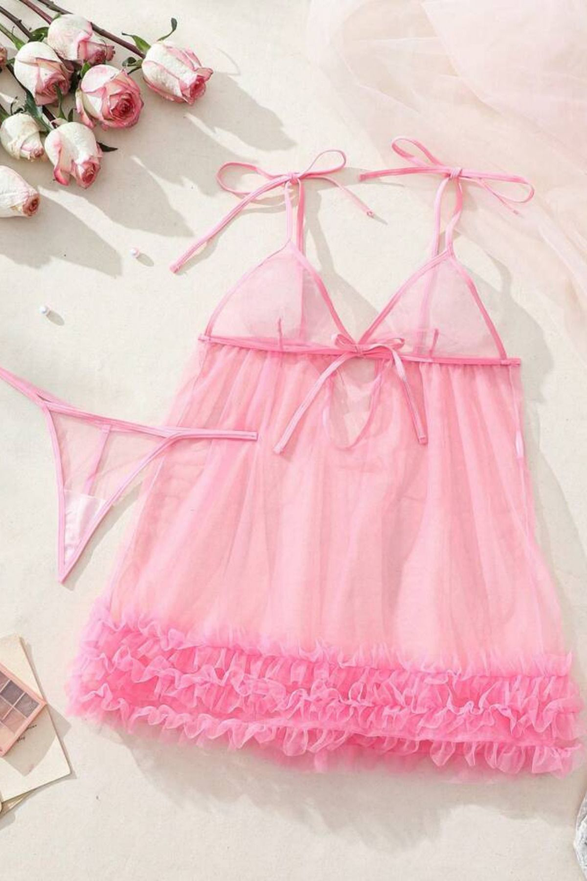 Kadın Pembe Sırt ve Göğüs Dekolteli Fırfırlı Seksi Prenses Tül Gecelik