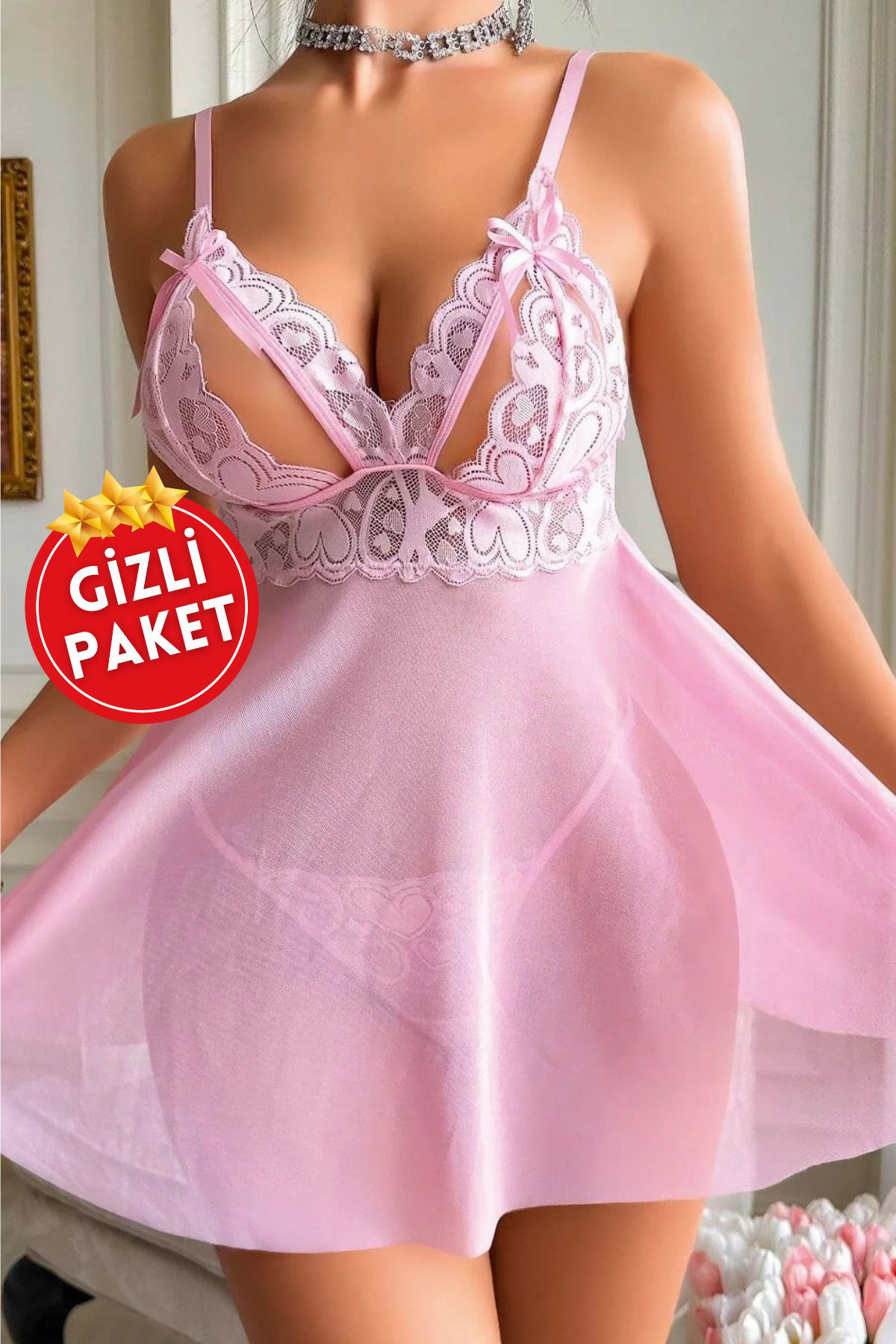 Kadın Pembe Sırt ve Göğüs Dekolteli Fırfırlı Seksi Prenses Tül Gecelik ve Tanga Takımı