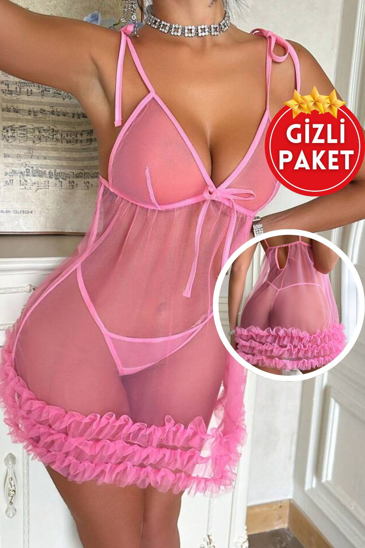 Kadın Pembe Sırt ve Göğüs Dekolteli Fırfırlı Seksi Prenses Tül Gecelik
