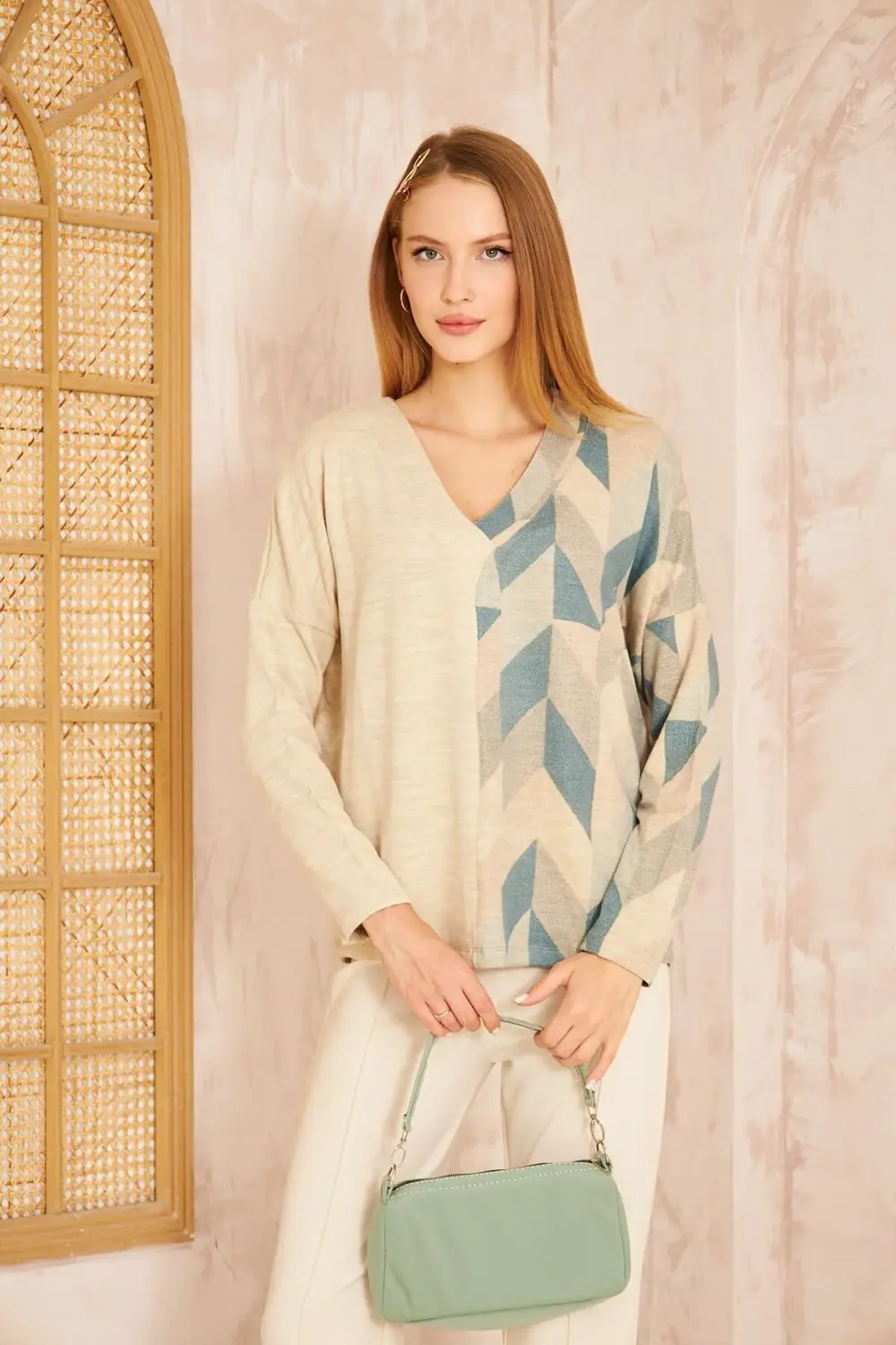 Kadın Petrol Yeşil Bej Salaş Oversize Geniş Kesim V Yaka Yumuşak