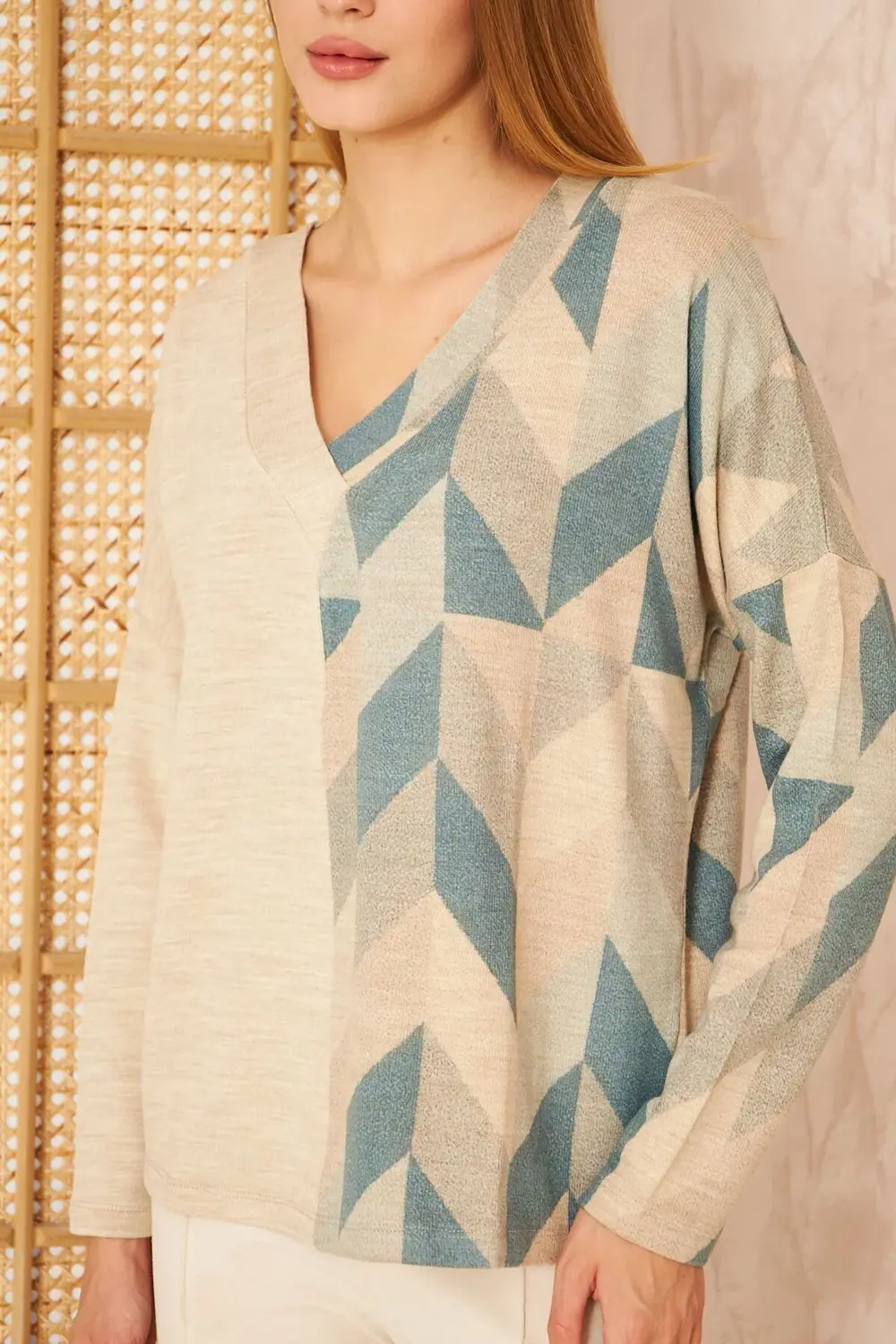 Kadın Petrol Yeşil Bej Salaş Oversize Geniş Kesim V Yaka Yumuşak