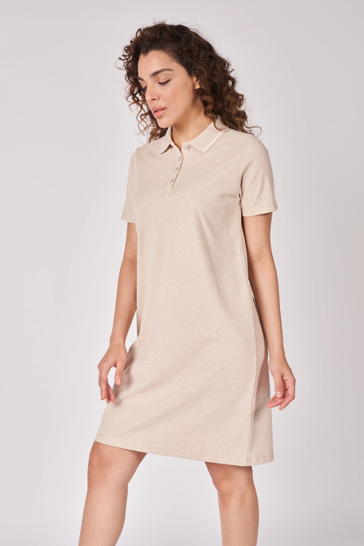 Defys Kadın Polo Yakalı Kısa Kollu Regular Fit Basic Elbise Bej Melanj