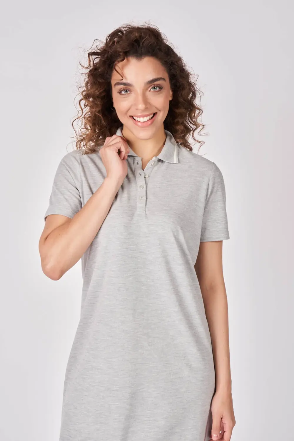 Kadın Polo Yakalı Kısa Kollu Regular Fit Basic Elbise Bej Melanj