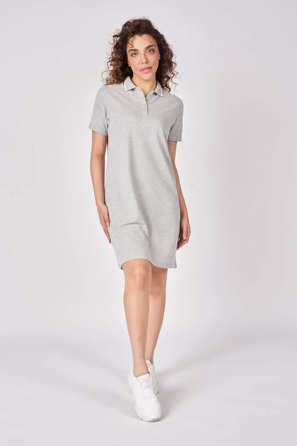 Kadın Polo Yakalı Kısa Kollu Regular Fit Basic Elbise Bej Melanj