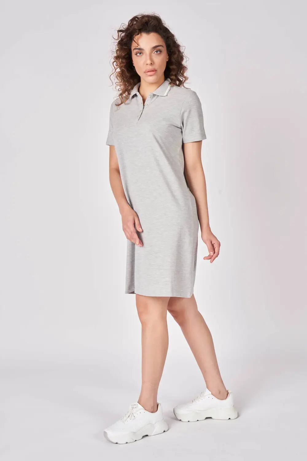 Kadın Polo Yakalı Kısa Kollu Regular Fit Basic Elbise Bej Melanj