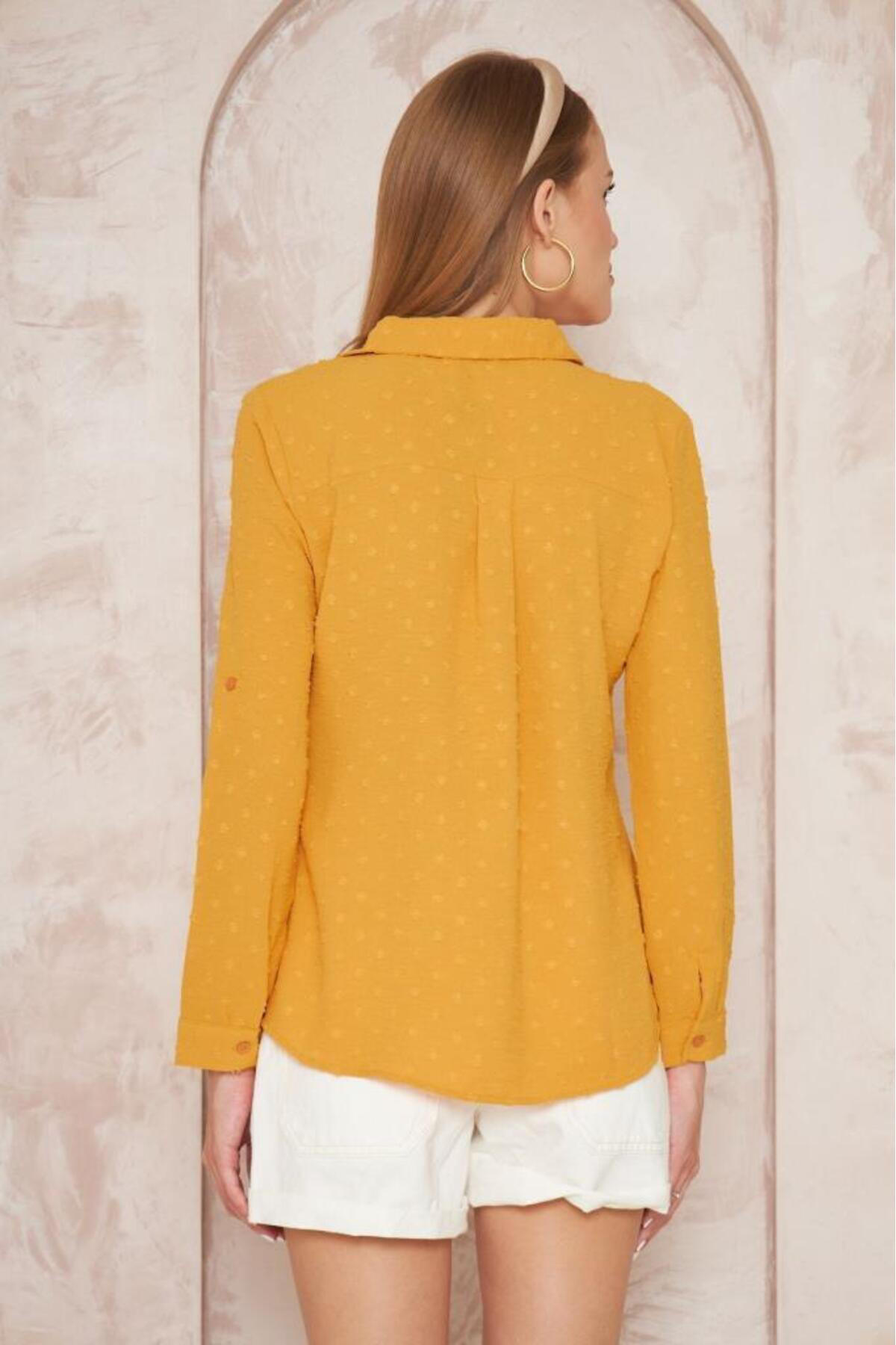 Pasaklı Giyim Kadın Ponponlu Slim Fit Uzun Kollu Gömlek Pudra 3621240