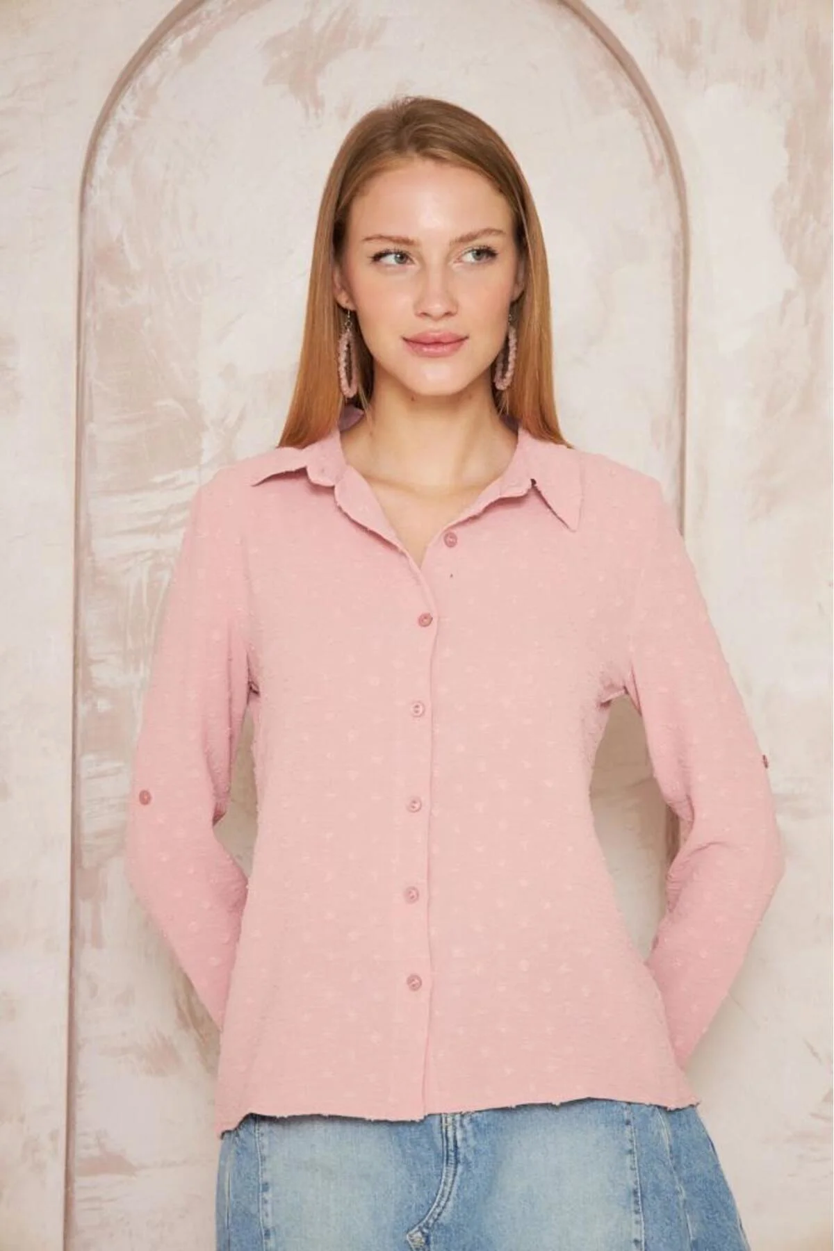 Kadın Ponponlu Slim Fit Uzun Kollu Gömlek Pudra 3621275