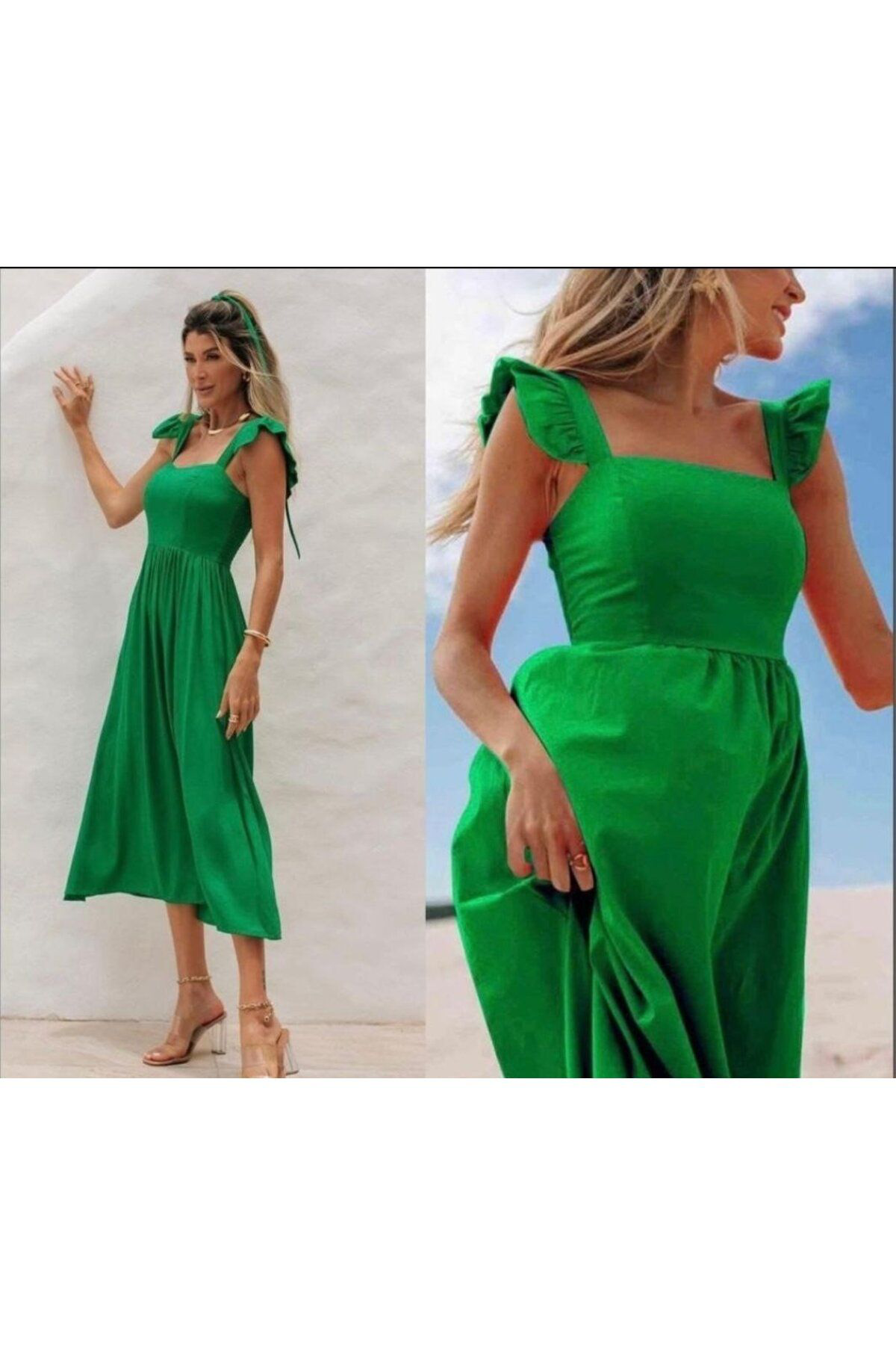 Kadın Poplin Kumaş Kare Yaka Fırfır Askılı Midi Boy Elbise