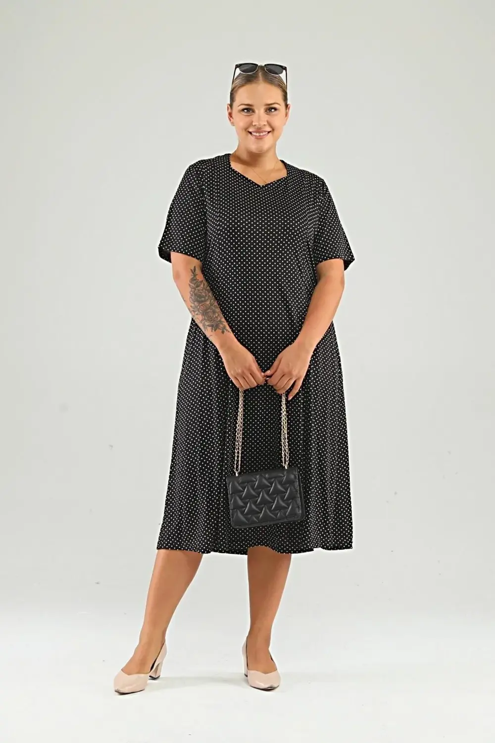 Kadin Puantiyeli Ve Leopar Desenli Büyük Beden Midi Elbise