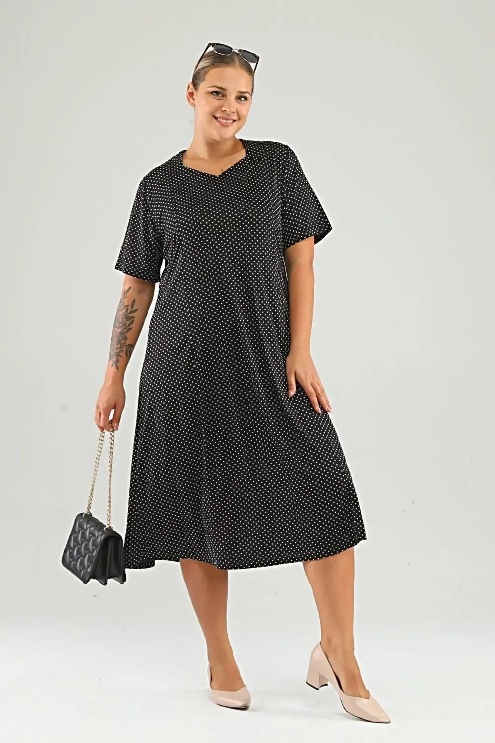 Kadin Puantiyeli Ve Leopar Desenli Büyük Beden Midi Elbise