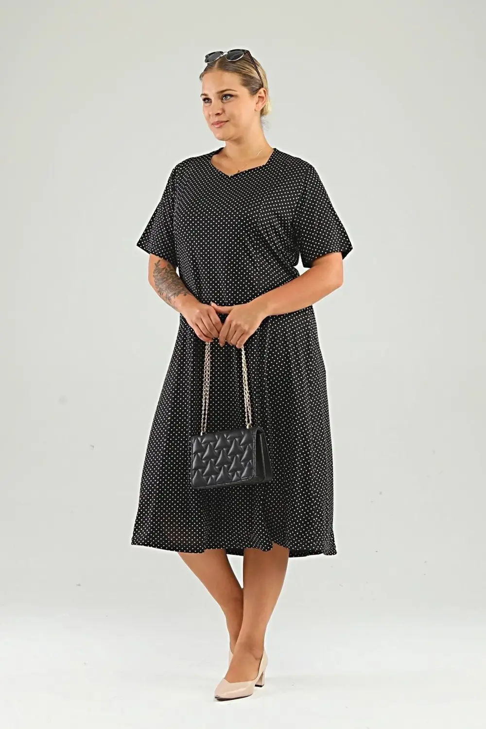 Kadin Puantiyeli Ve Leopar Desenli Büyük Beden Midi Elbise