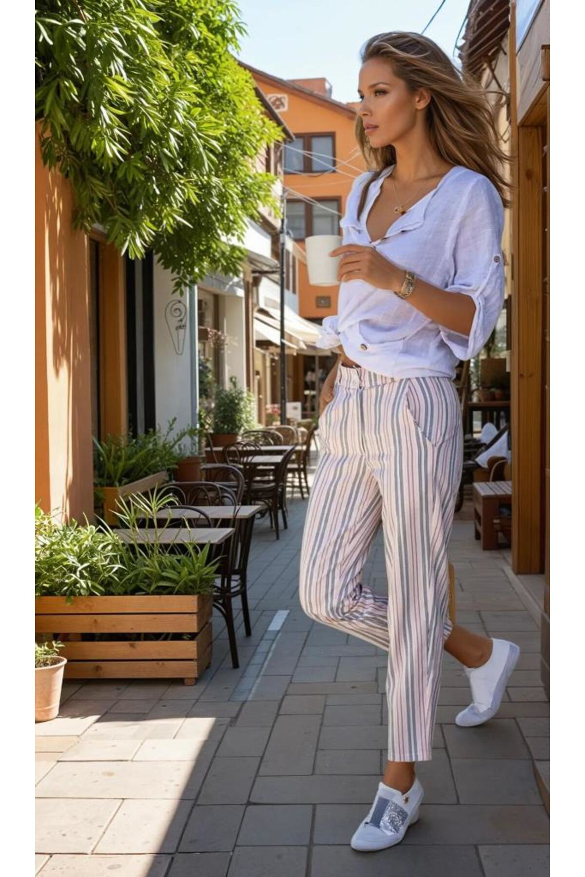 Pasaklı Giyim Kadın Pudra Dar Kesim Keten Dik Çizgili Cepli Havuç Pantolon Pudr