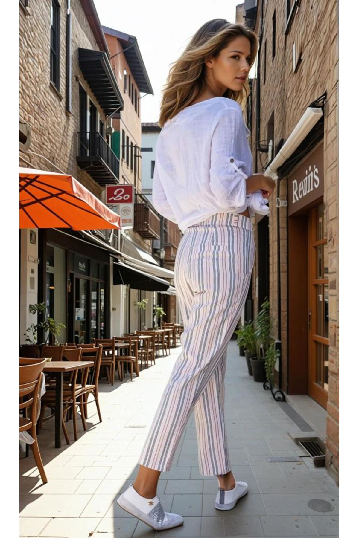 Pasaklı Giyim Kadın Pudra Dar Kesim Keten Dik Çizgili Cepli Havuç Pantolon Pudr