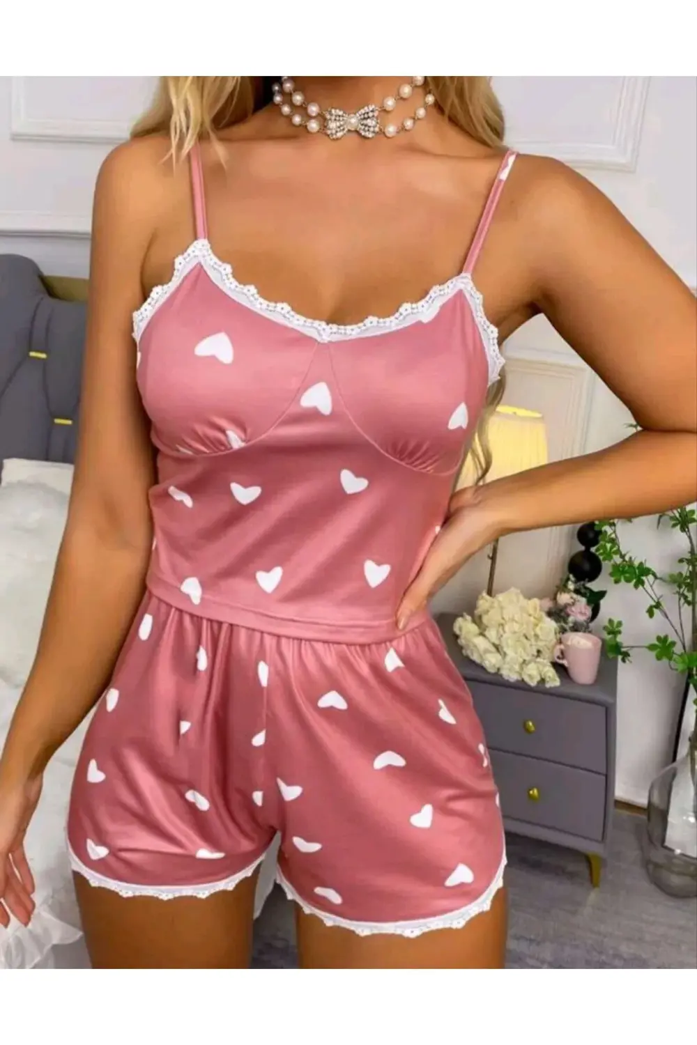 Pilelistore Kadın Pudra Kalp Desenli Seksi Gecelik Takım 6641