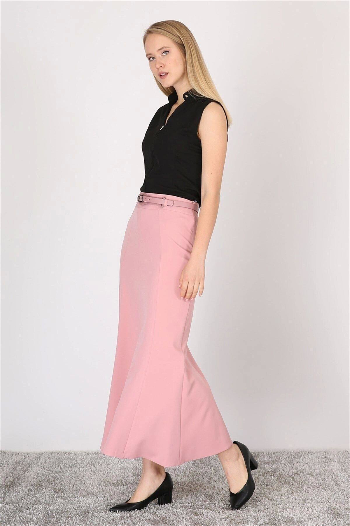 Kadın Pudra Kemer Detaylı Yüksek Bel Parçalı Tesettür Etek 1964-9