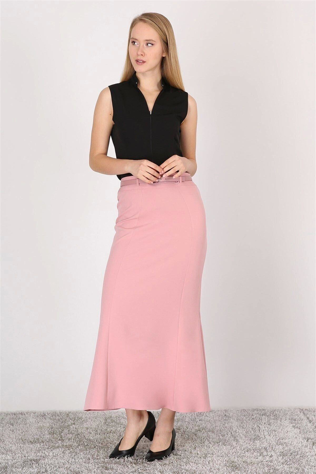 Kadın Pudra Kemer Detaylı Yüksek Bel Parçalı Tesettür Etek 1964-9