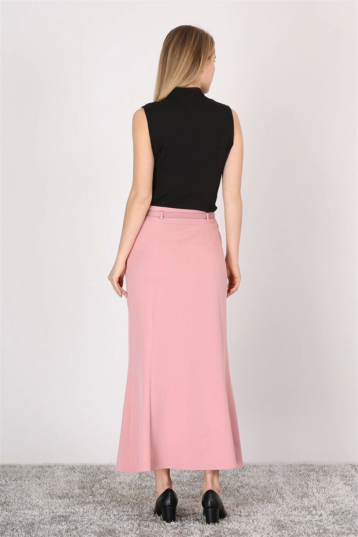 Kadın Pudra Kemer Detaylı Yüksek Bel Parçalı Tesettür Etek 1964-9