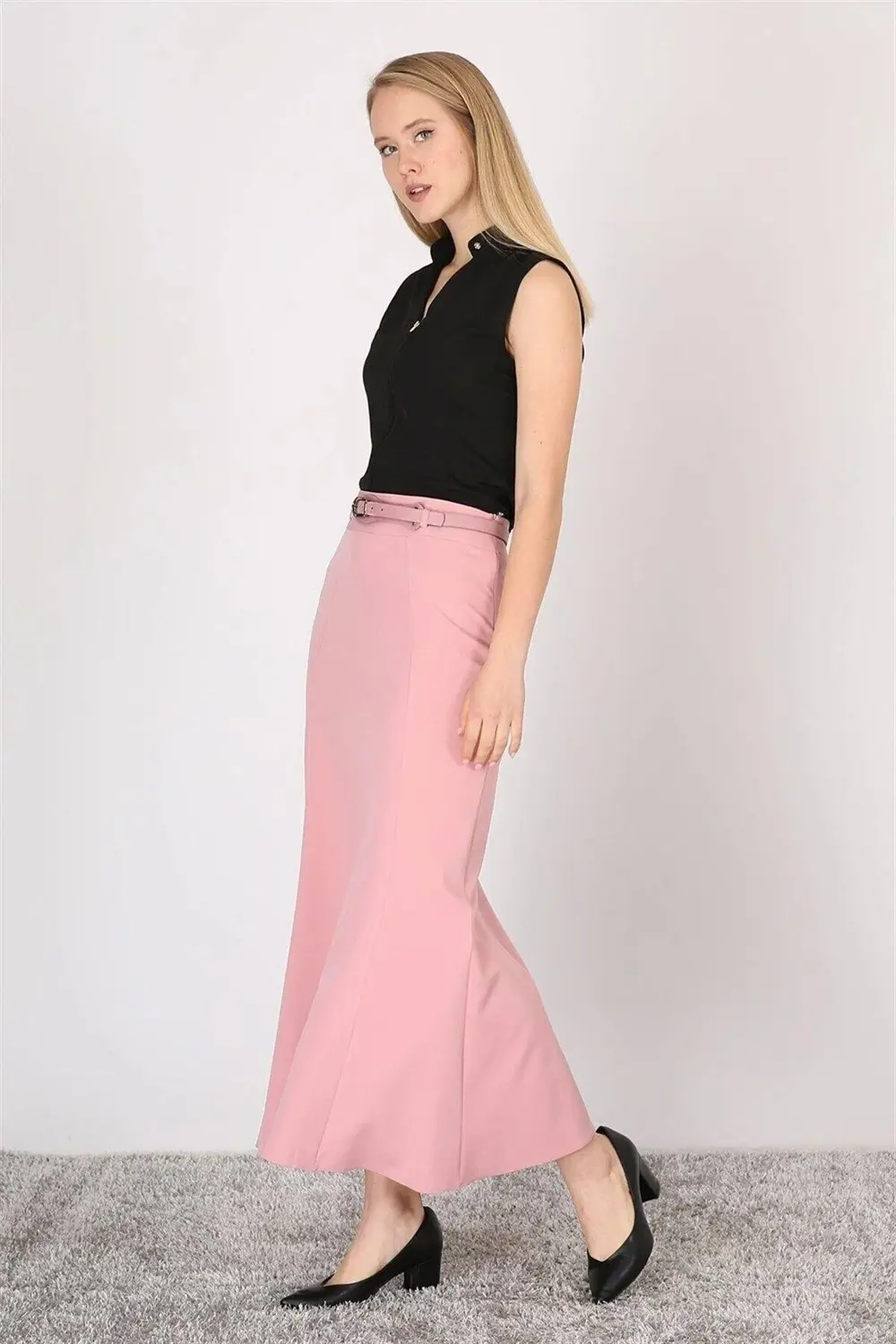 Kadın Pudra Kemer Detaylı Yüksek Bel Parçalı Tesettür Etek 1964-9