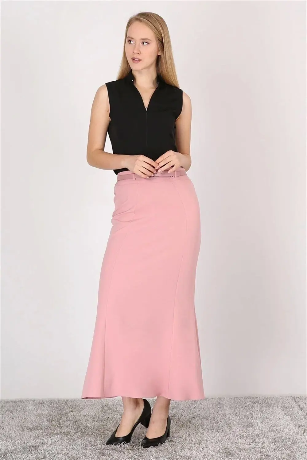 Kadın Pudra Kemer Detaylı Yüksek Bel Parçalı Tesettür Etek 1964-9