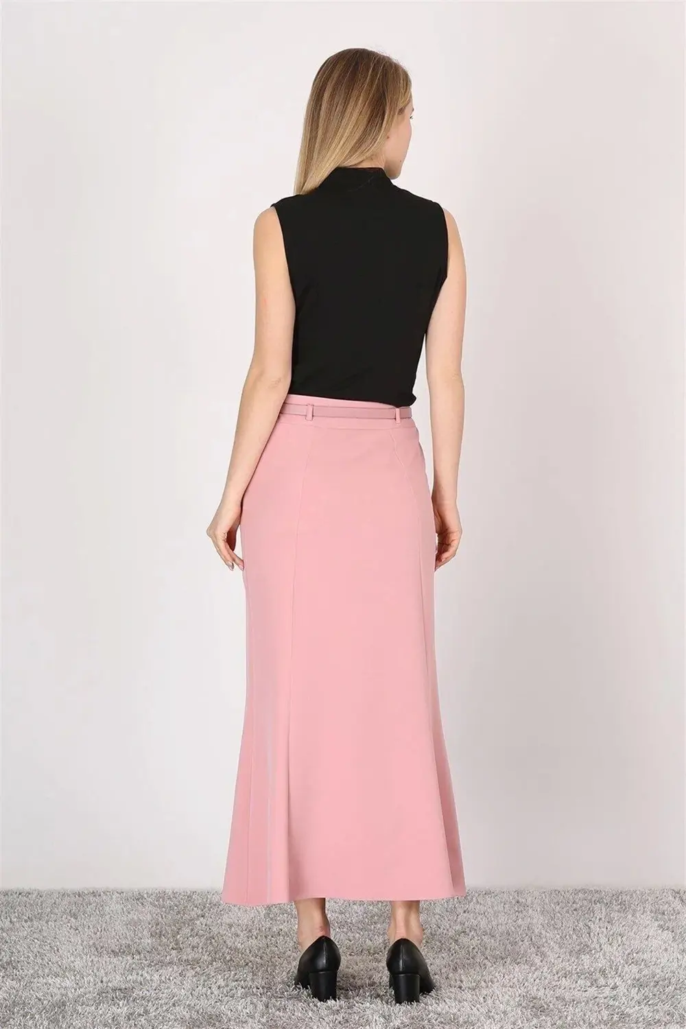 Kadın Pudra Kemer Detaylı Yüksek Bel Parçalı Tesettür Etek 1964-9