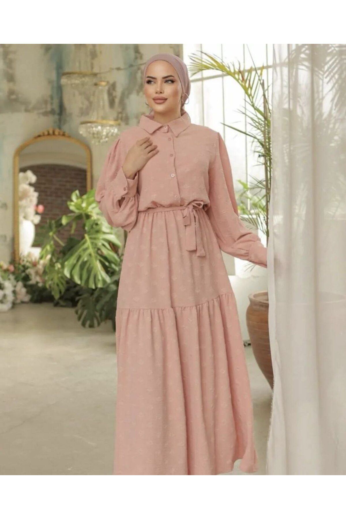 Yıldızistan Kadın Pudra Kendinden Dokulu Kuşaklı, Uzun Balon Kollu Günlük Uzu