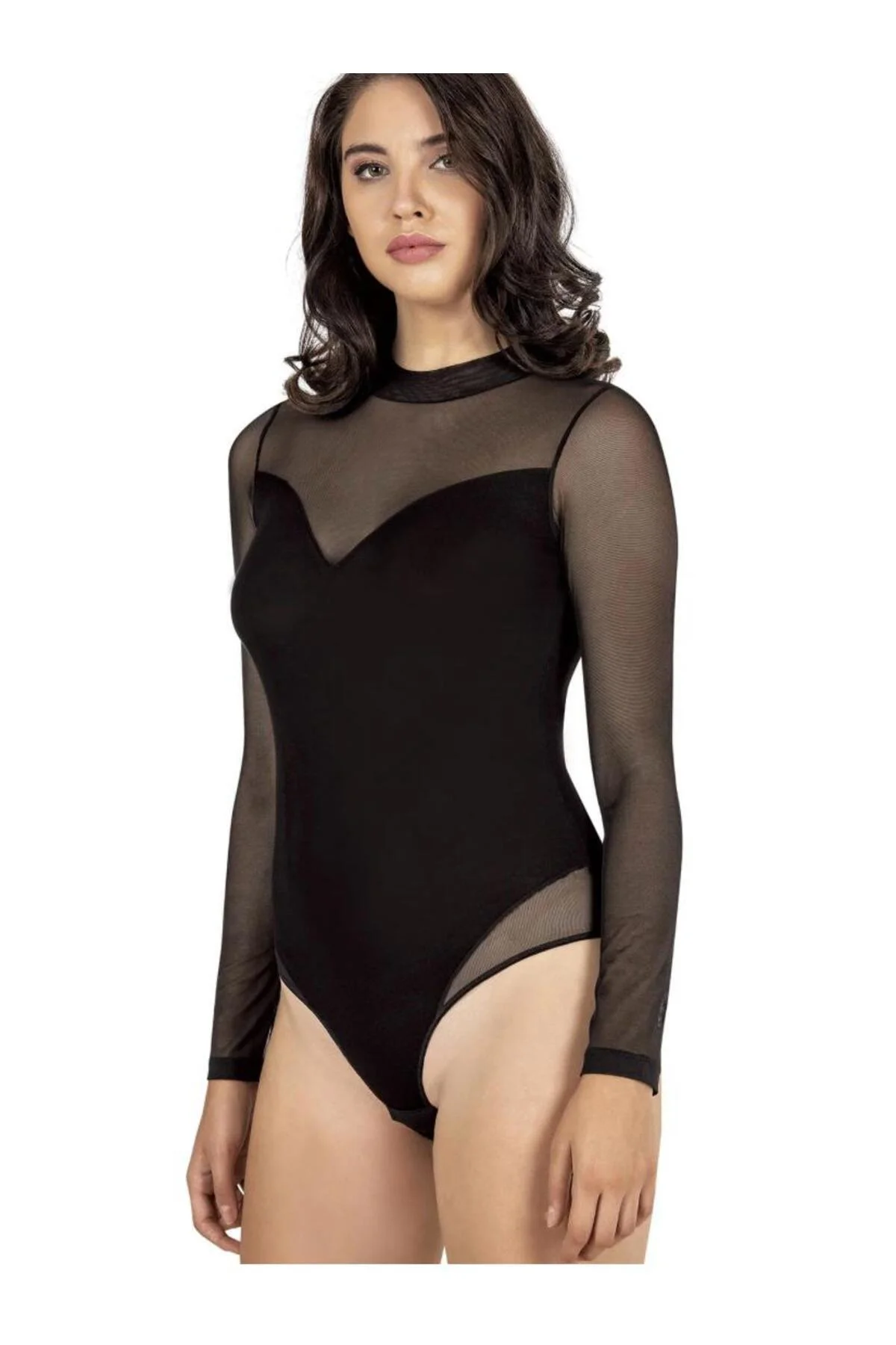 Kadın Ring Viskon Yarım Balıkçı Yaka Tül Detaylı Uzun Kollu Kanca