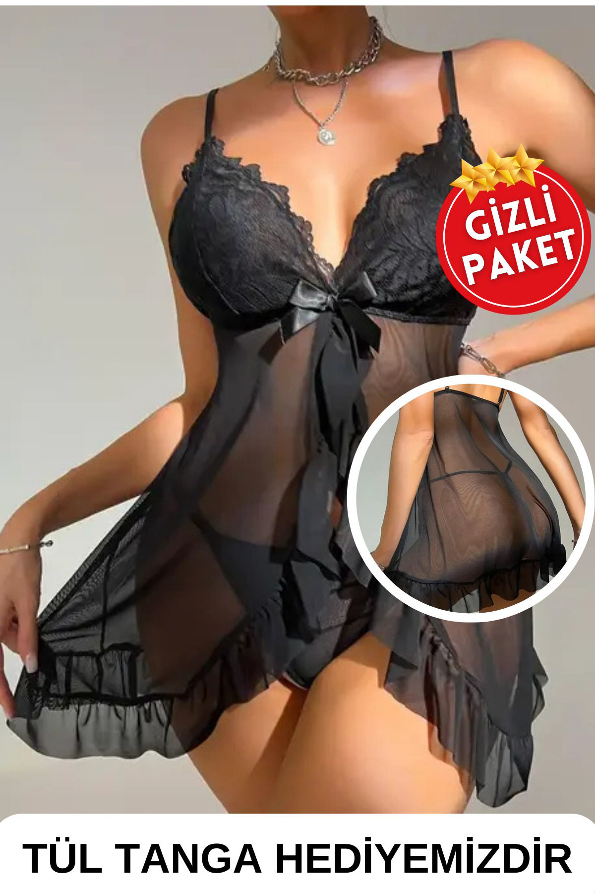 Kadın Romantik Siyah Dantelli Fırfırlı Etekli Fiyonklu Seksi Tanga ve Tül Gecelik, Bodysuit
