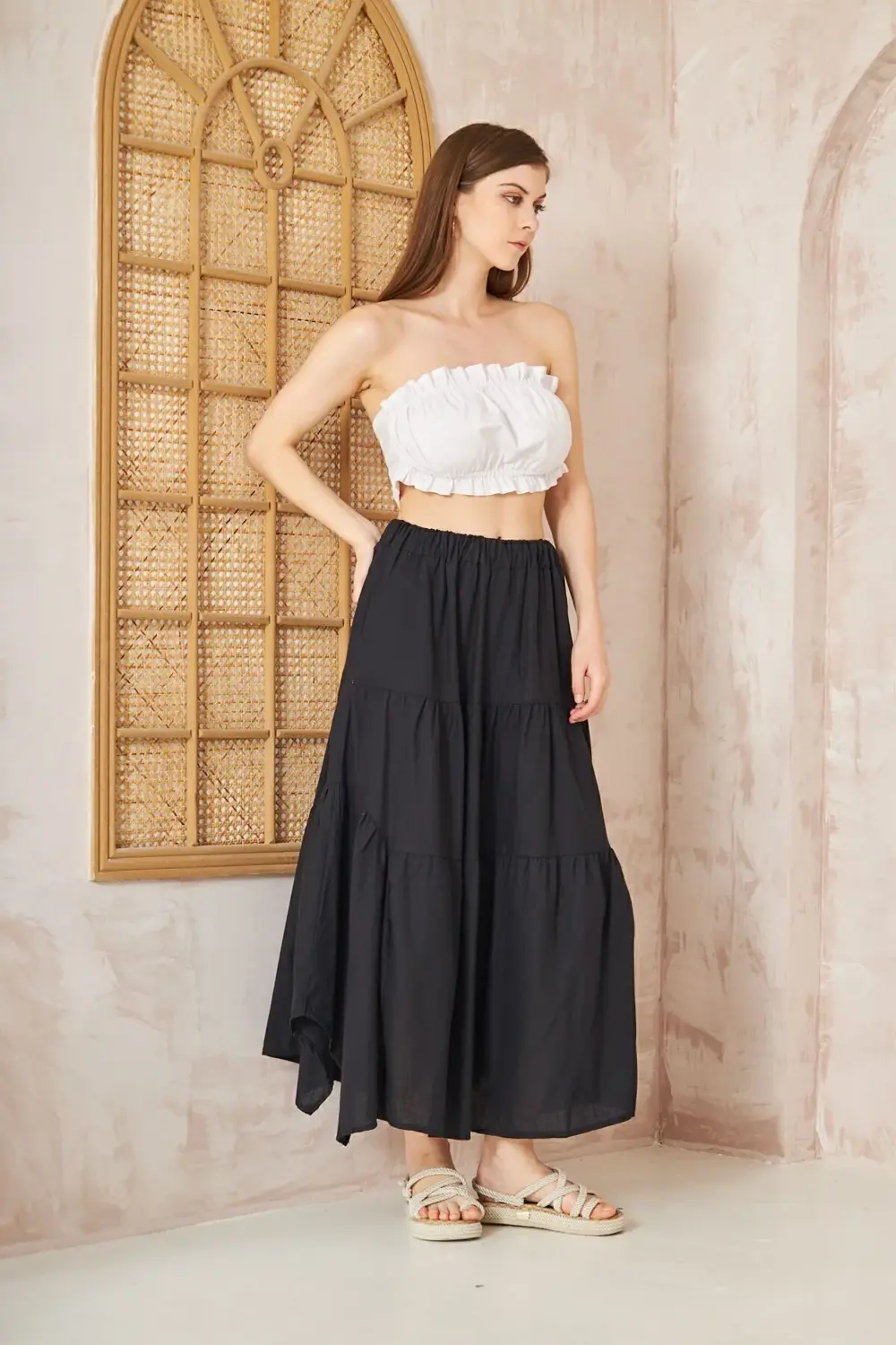 Kadın Saks Mavi Cepli Asimetrik Kesim Fırfırlı Beli Lastikli Kloş