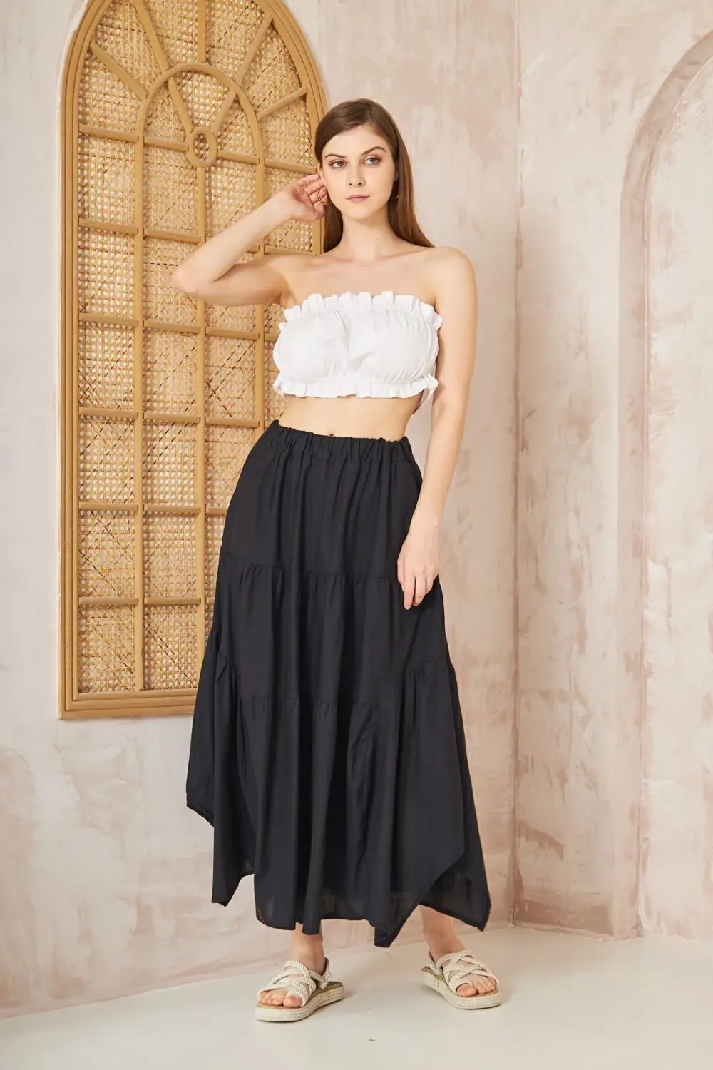 Kadın Saks Mavi Cepli Asimetrik Kesim Fırfırlı Beli Lastikli Kloş