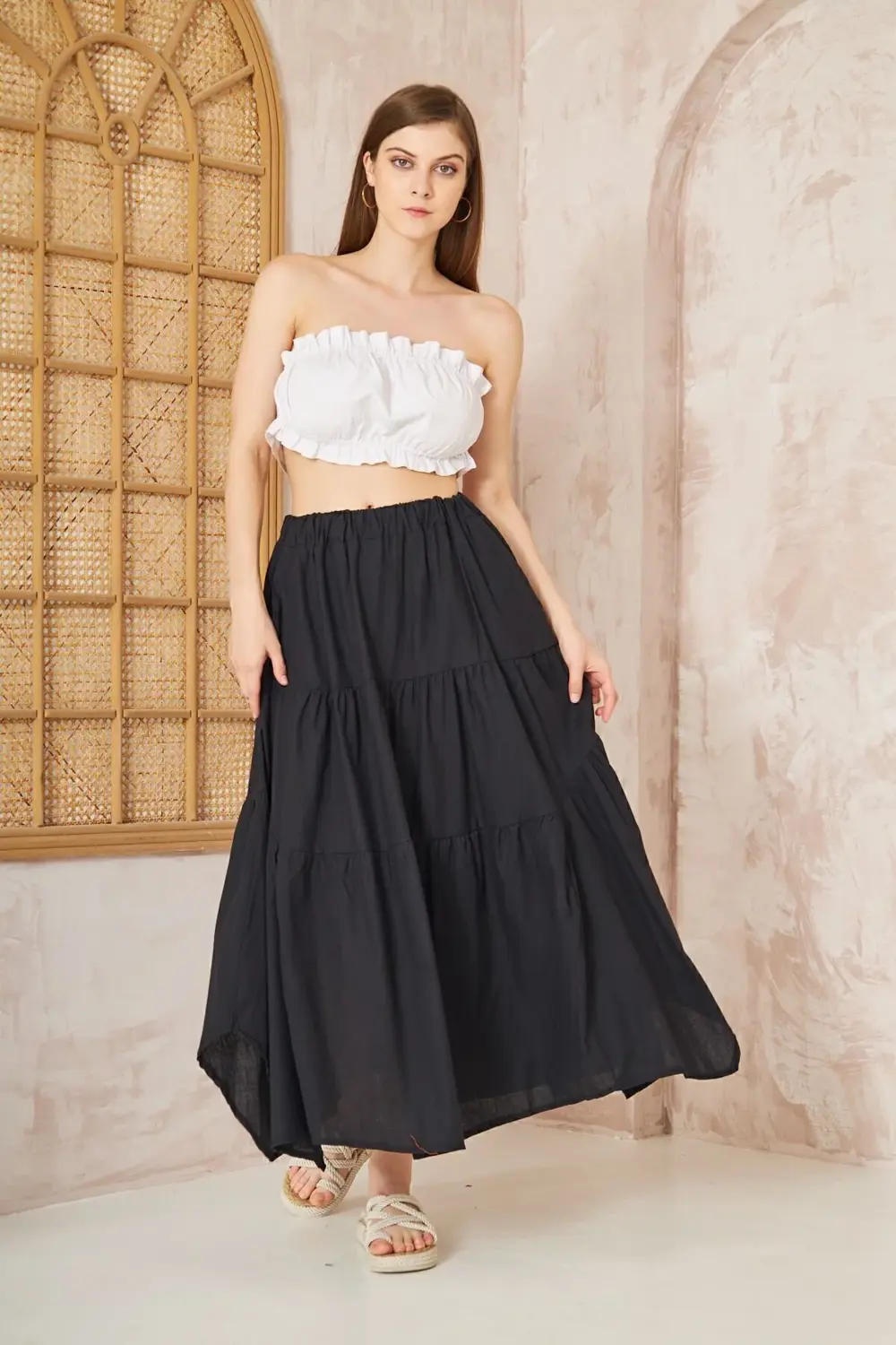 Kadın Saks Mavi Cepli Asimetrik Kesim Fırfırlı Beli Lastikli Kloş