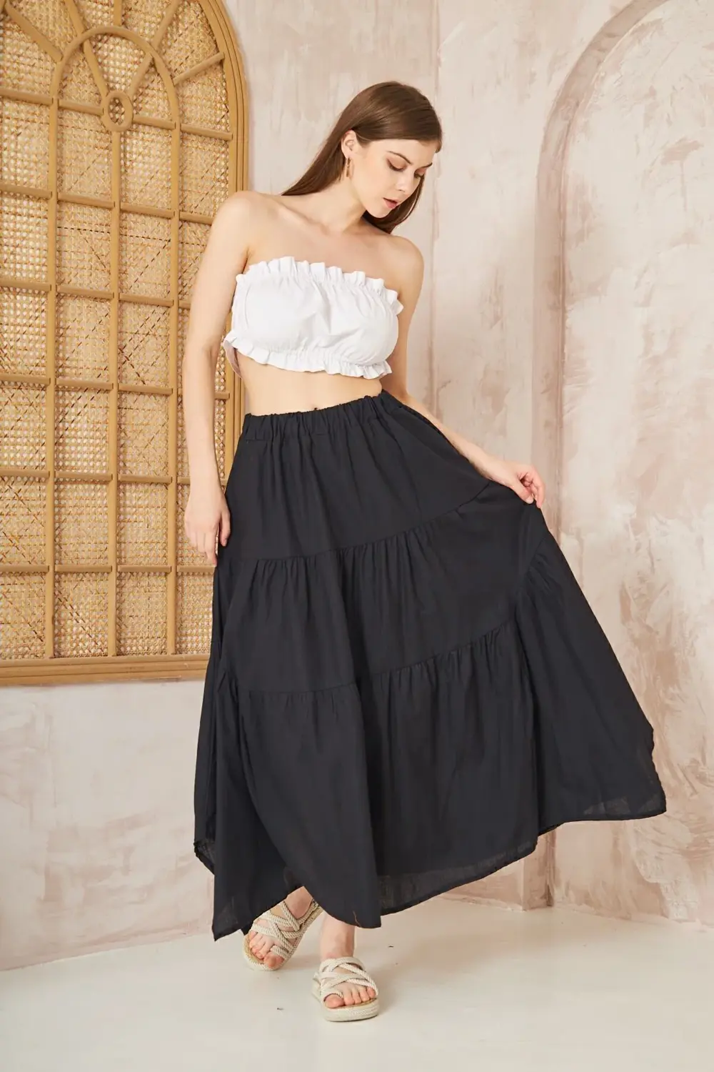 Kadın Saks Mavi Cepli Asimetrik Kesim Fırfırlı Beli Lastikli Kloş