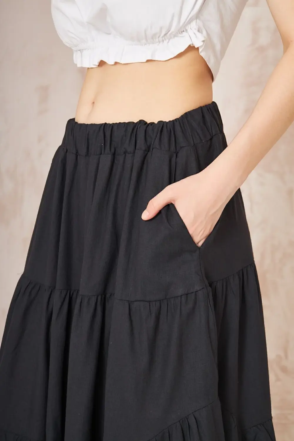 Kadın Saks Mavi Cepli Asimetrik Kesim Fırfırlı Beli Lastikli Kloş