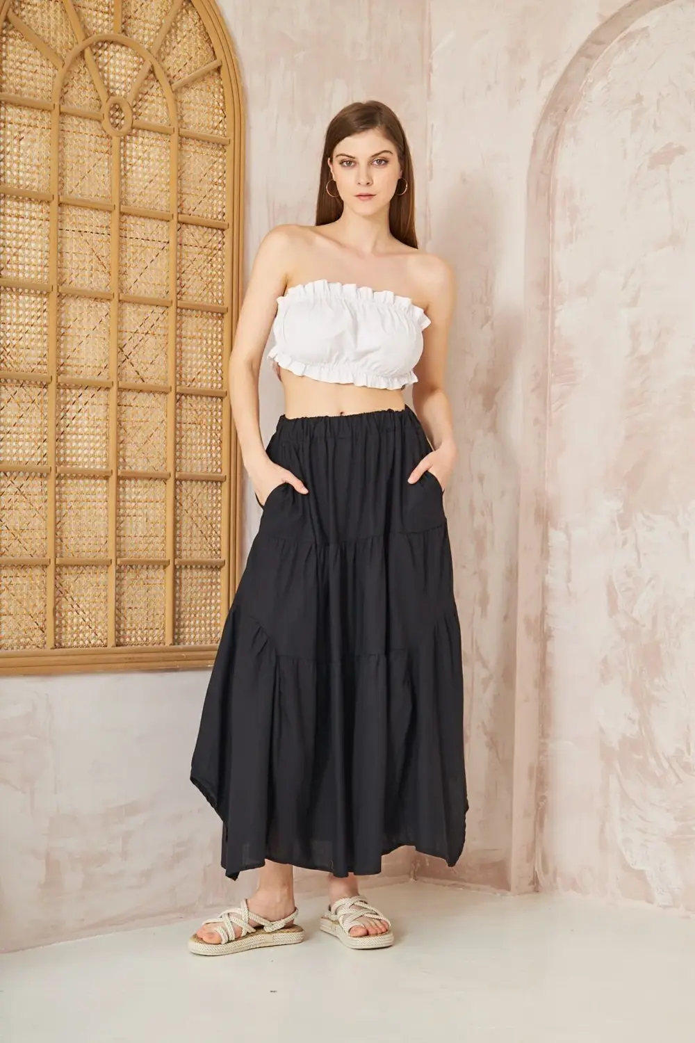 Kadın Saks Mavi Cepli Asimetrik Kesim Fırfırlı Beli Lastikli Kloş