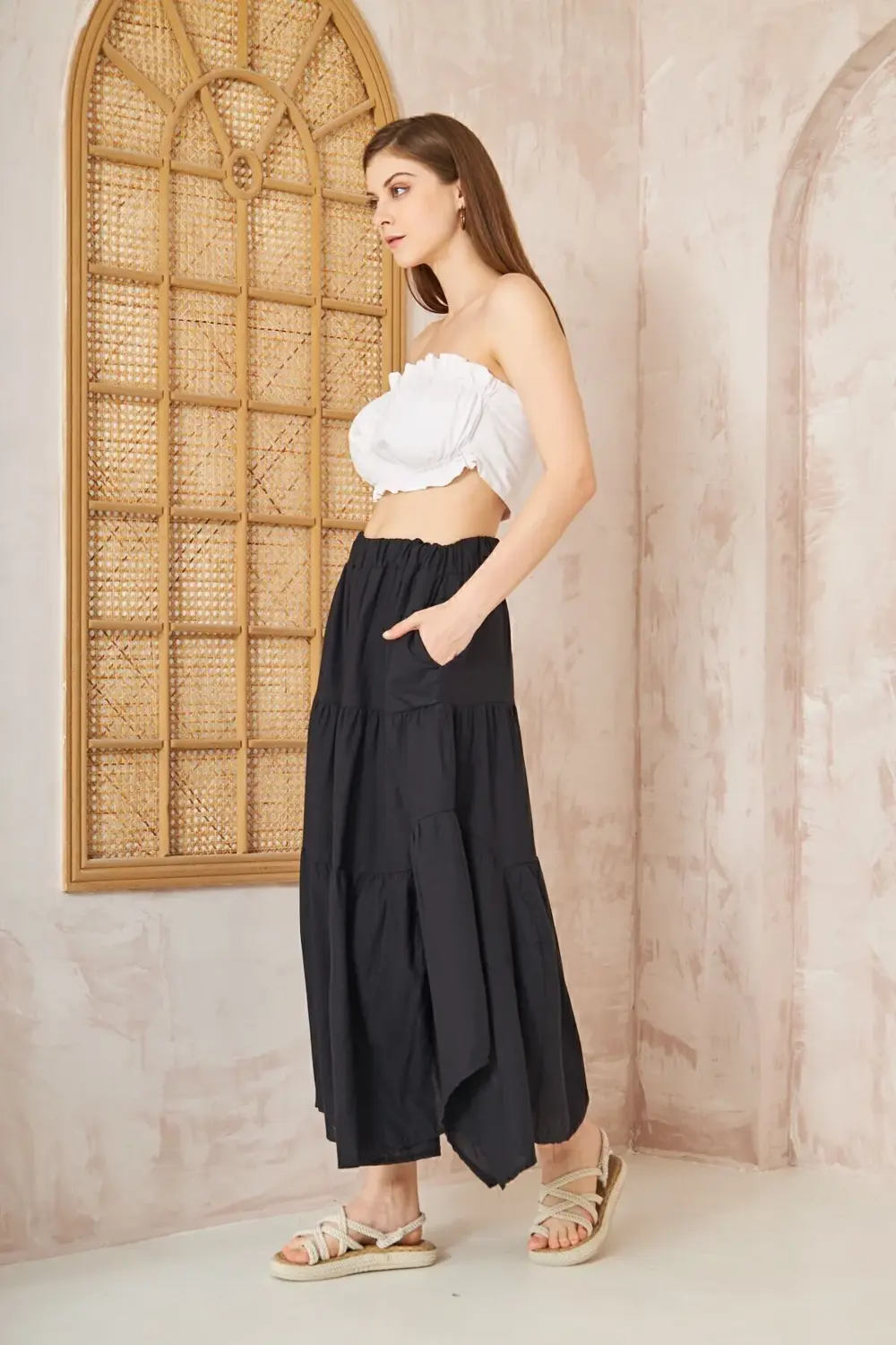 Kadın Saks Mavi Cepli Asimetrik Kesim Fırfırlı Beli Lastikli Kloş