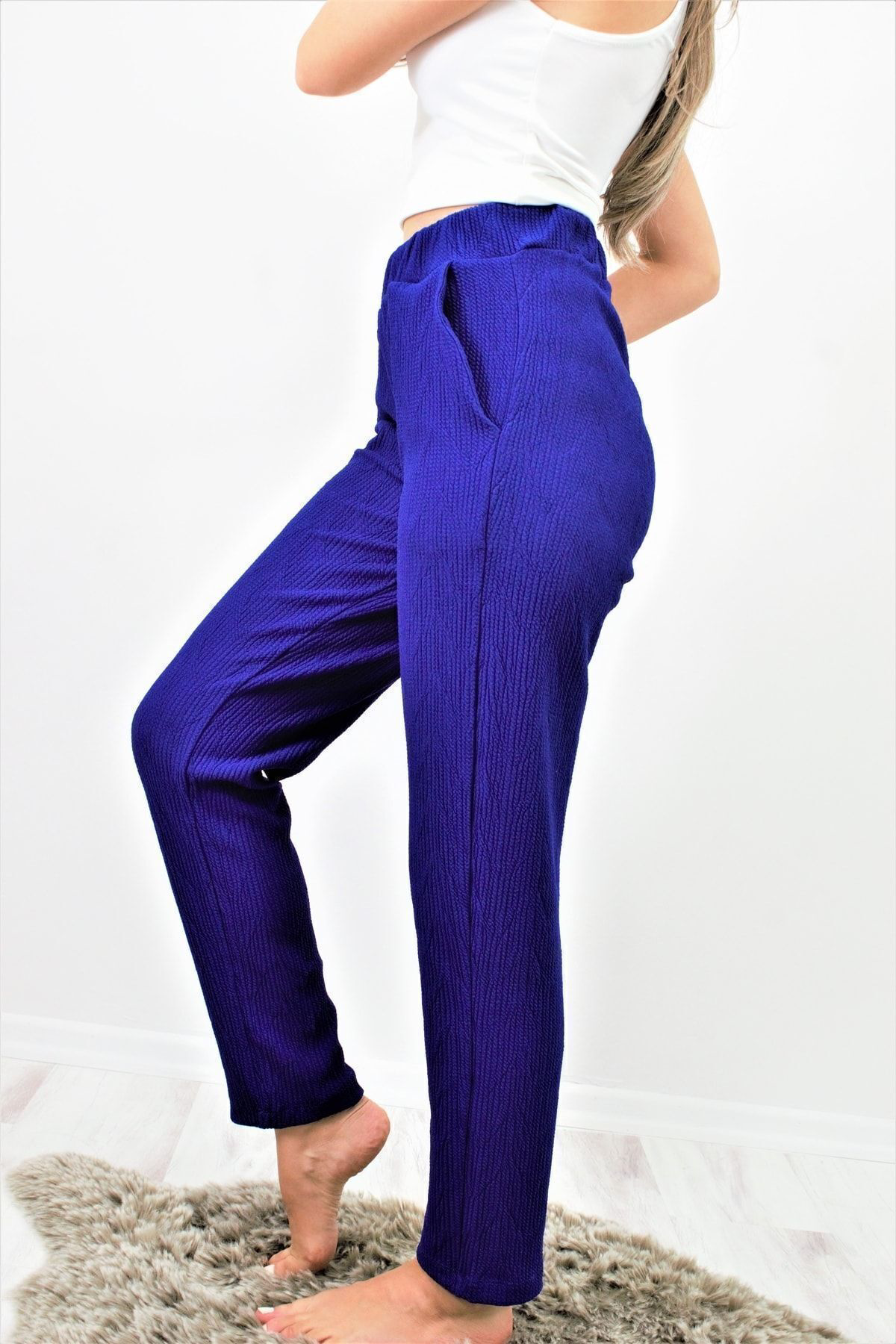 Pasaklı Giyim Kadın Saks Mavi Yumuşak Dokulu Yüksel Bel Beli Lastikli Rahat Pan