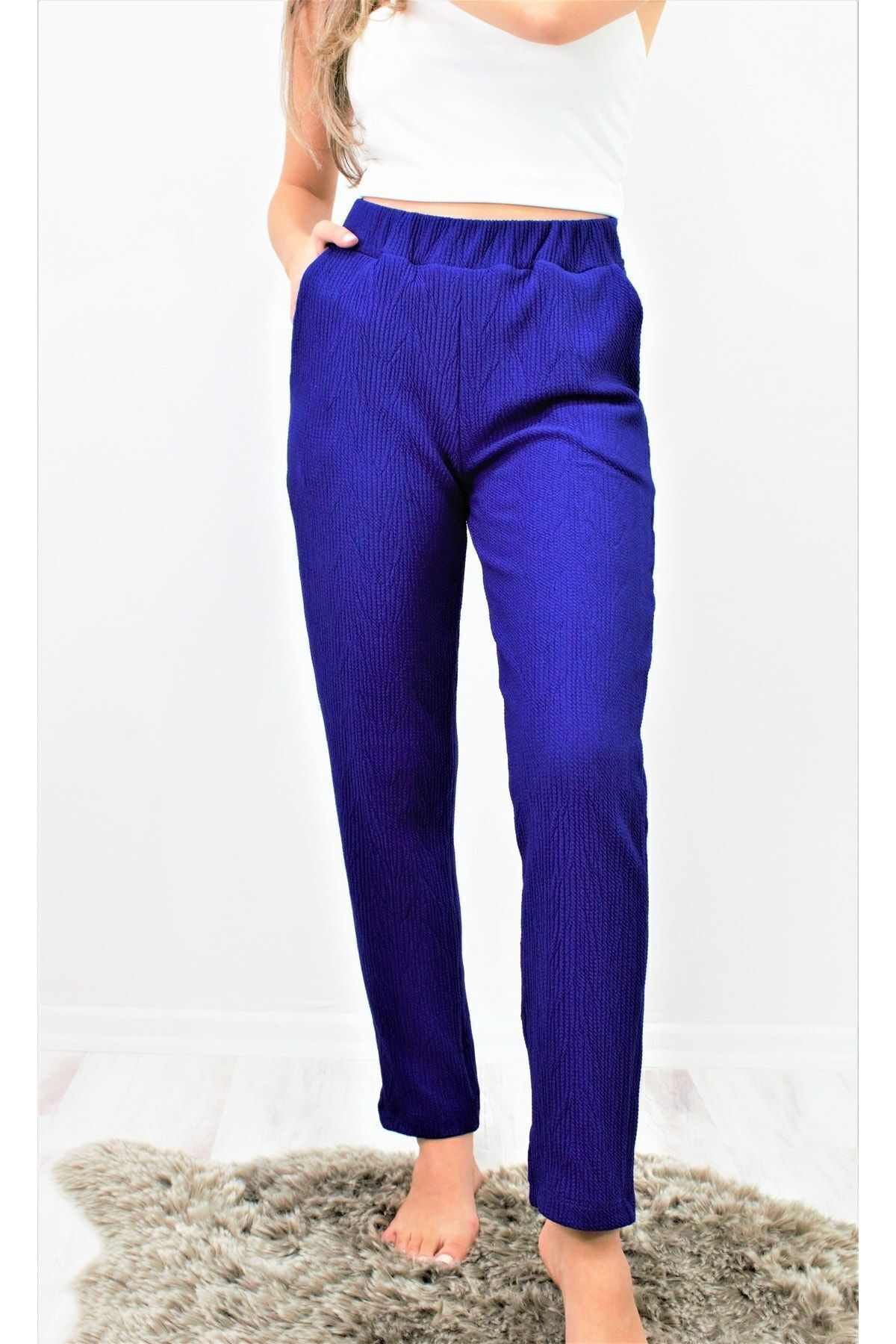 Pasaklı Giyim Kadın Saks Mavi Yumuşak Dokulu Yüksel Bel Beli Lastikli Rahat Pan