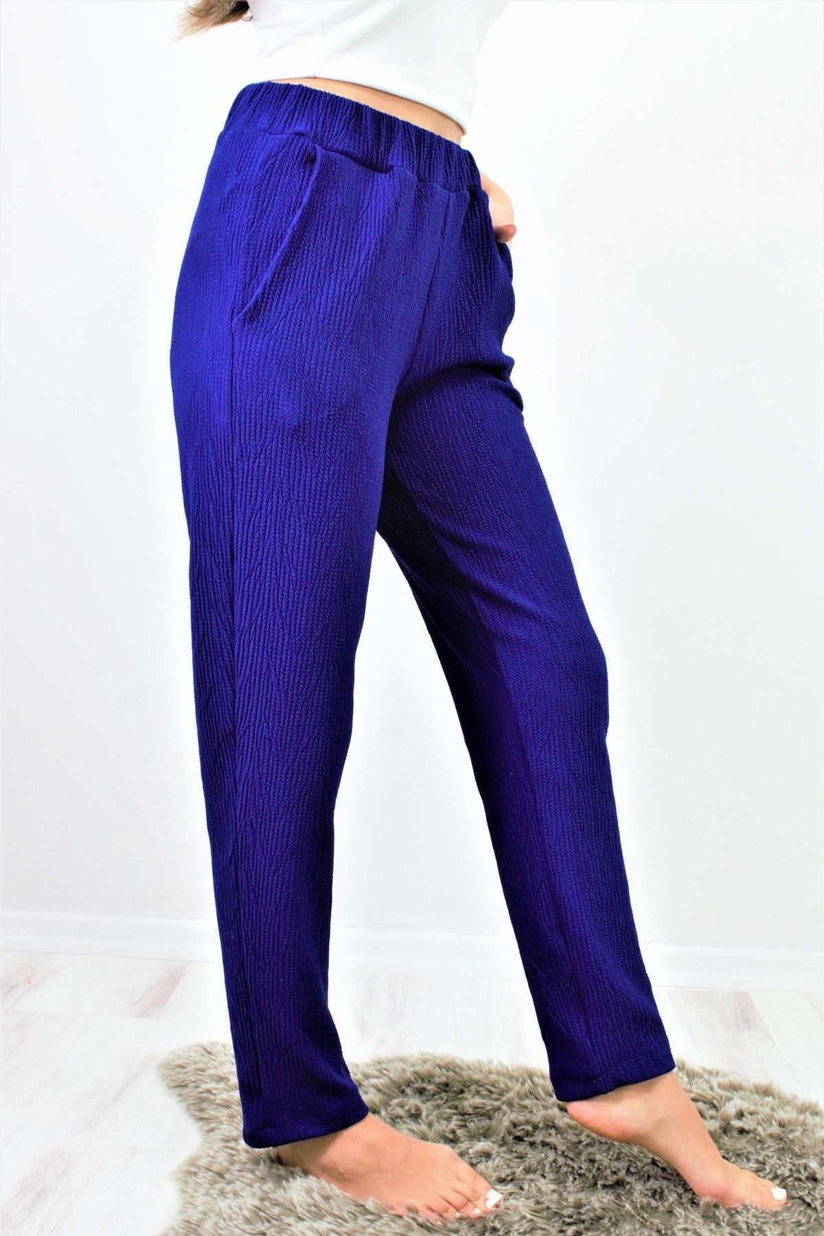 Pasaklı Giyim Kadın Saks Mavi Yumuşak Dokulu Yüksel Bel Beli Lastikli Rahat Pan