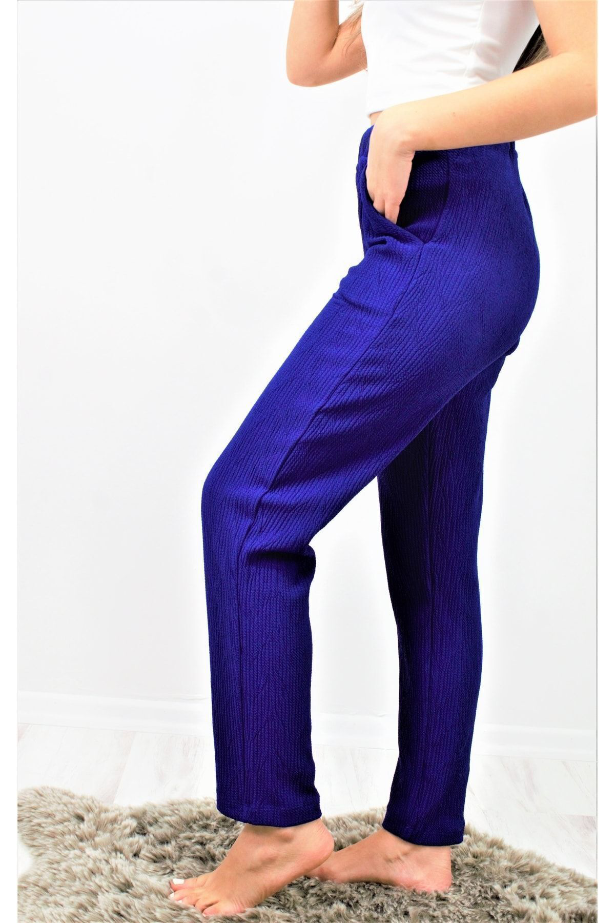 Pasaklı Giyim Kadın Saks Mavi Yumuşak Dokulu Yüksel Bel Beli Lastikli Rahat Pan