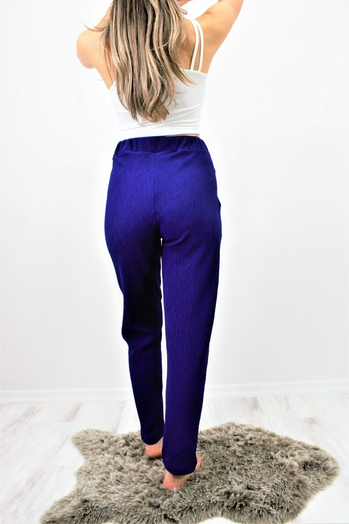 Pasaklı Giyim Kadın Saks Mavi Yumuşak Dokulu Yüksel Bel Beli Lastikli Rahat Pan