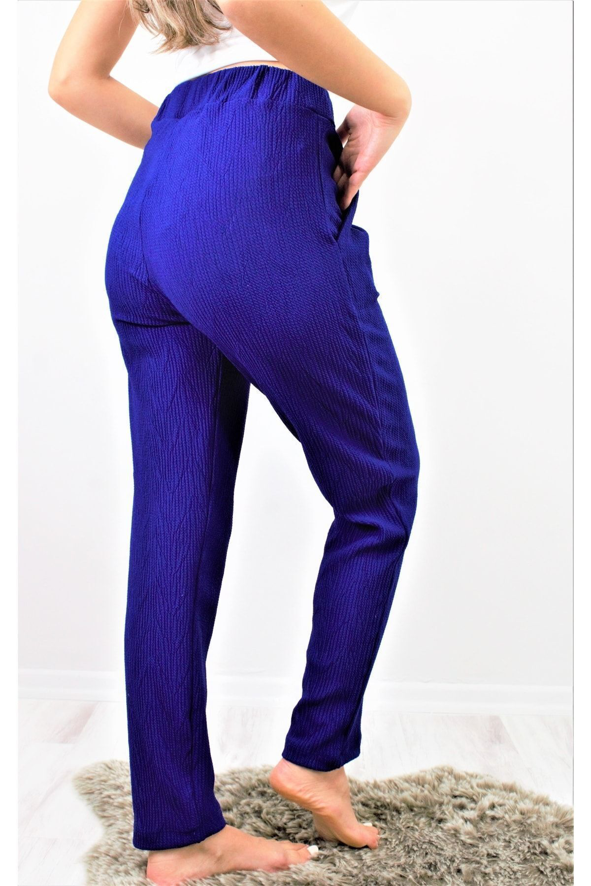 Pasaklı Giyim Kadın Saks Mavi Yumuşak Dokulu Yüksel Bel Beli Lastikli Rahat Pan