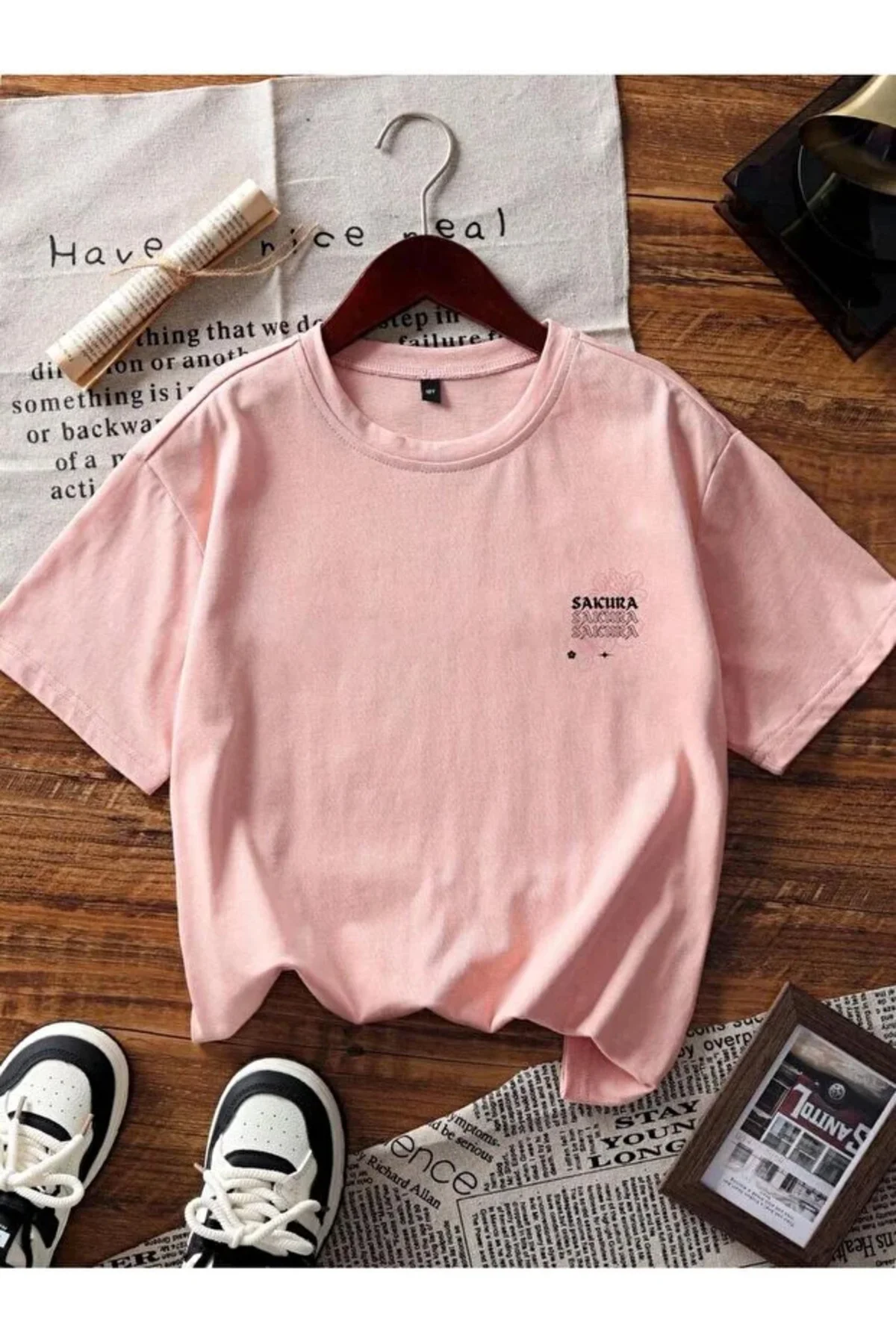 Kadın Sakura Çiçek Sırt Baskılı Oversize T-shirt 100% pamuk