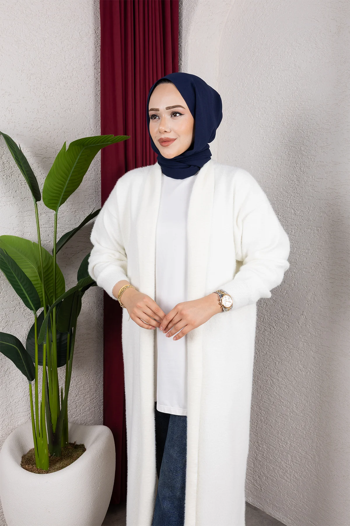 Kadın Şal Yaka Oversize Triko Ve Sakallı Tüylü Hırka