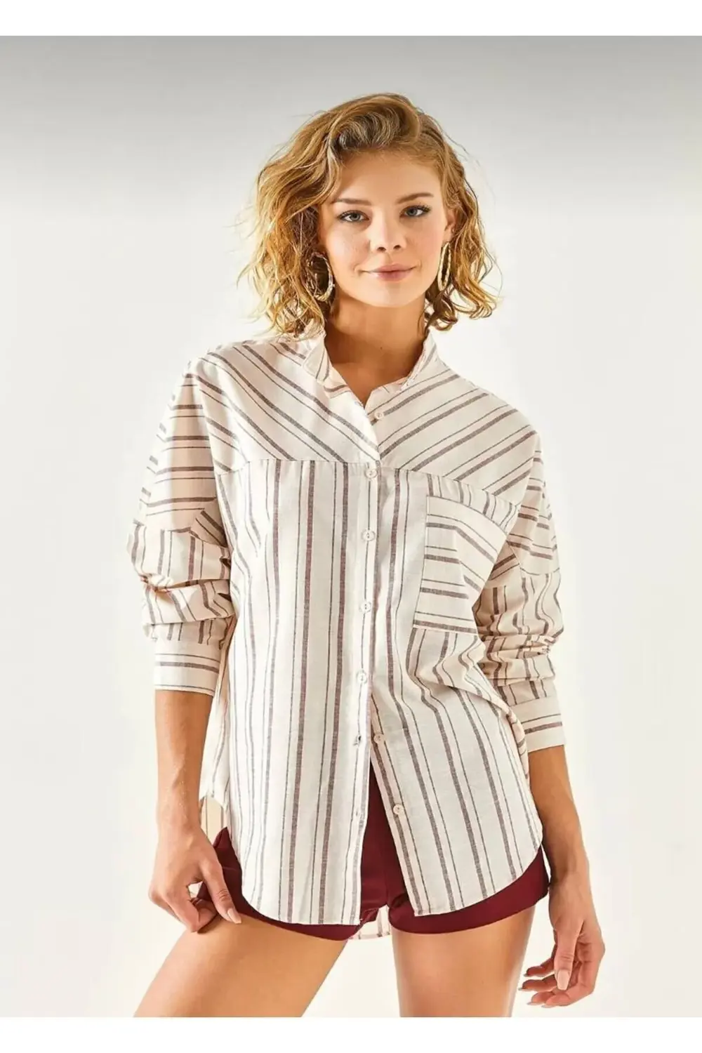 Kadın Salaş Antrasit Gri Bej Keten Hakim Yaka Asimetrik Çizgili A