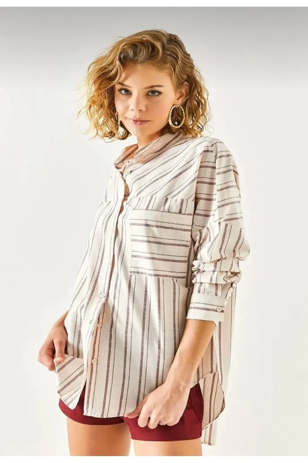 Kadın Salaş Antrasit Gri Bej Keten Hakim Yaka Asimetrik Çizgili A