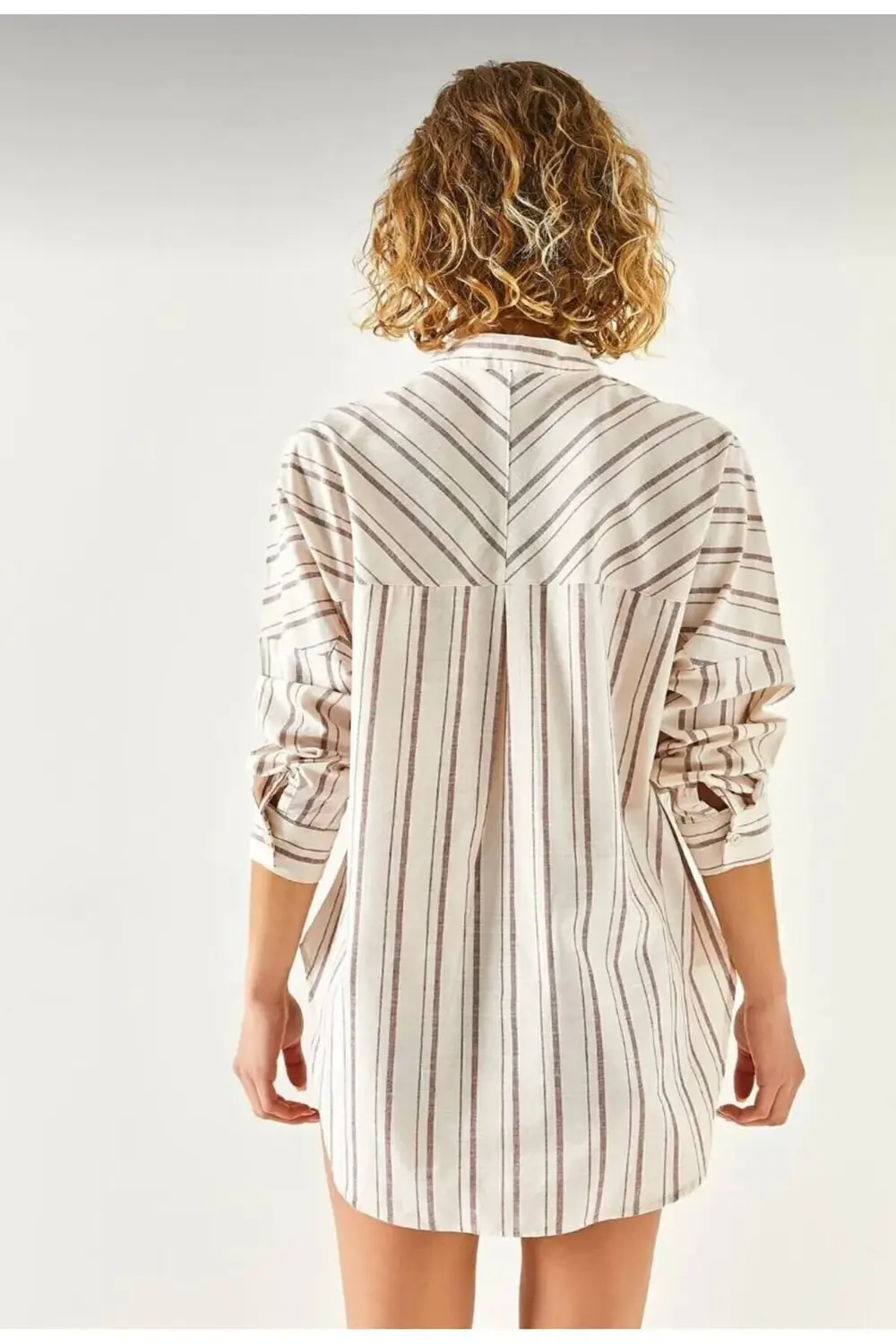 Kadın Salaş Antrasit Gri Bej Keten Hakim Yaka Asimetrik Çizgili A