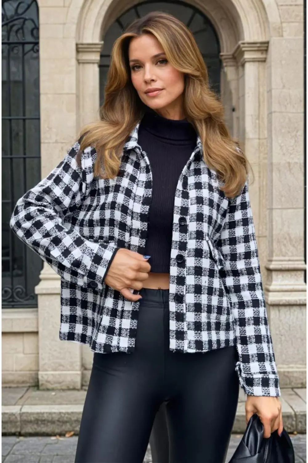 Kadın Şanel Ekose Oduncu Tüvit Kısa Cepli Kaşe Ceket 3540209