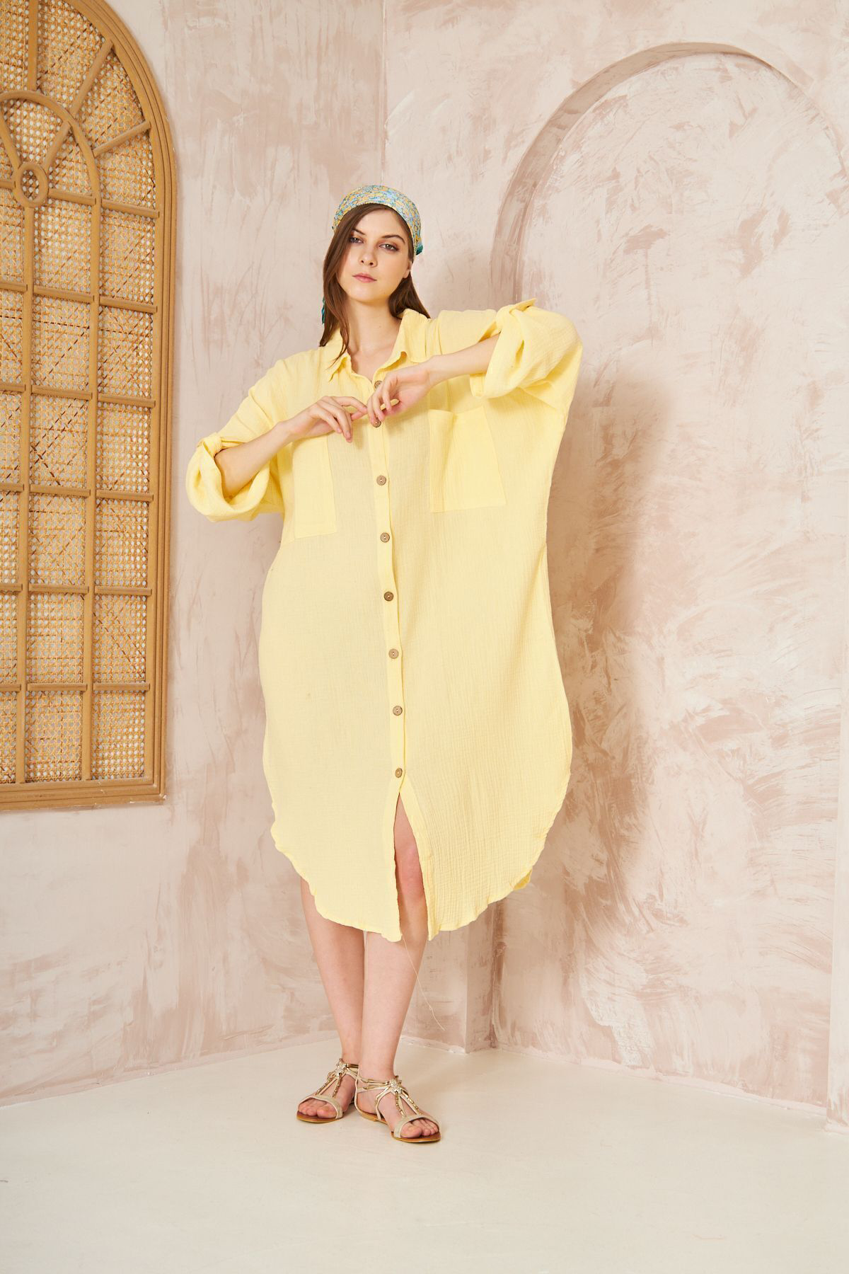 Yıldızistan Kadın Bebe Mavi Müslin Extra Geniş Oversize Yarasa Kol Cepli Uzun