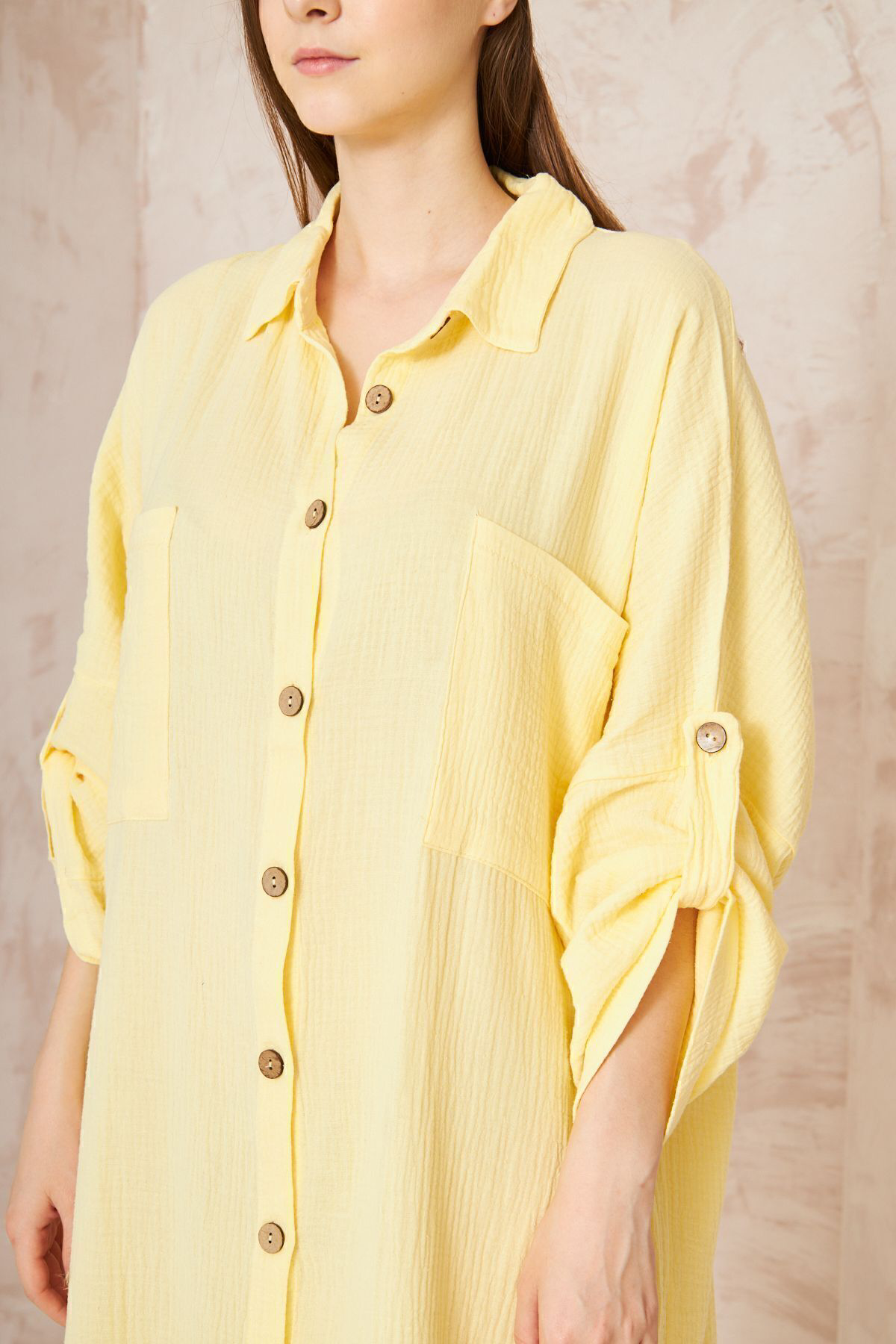 Yıldızistan Kadın Bebe Mavi Müslin Extra Geniş Oversize Yarasa Kol Cepli Uzun