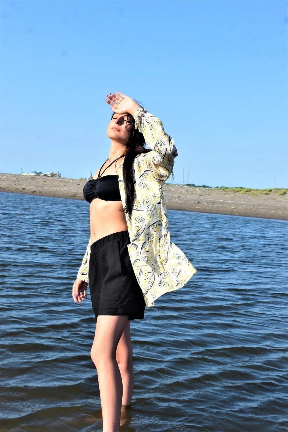 Kadın Sarı Saten Cepli Salaş Renkli Desenli Kimono Ceket Yb3250240 3250187